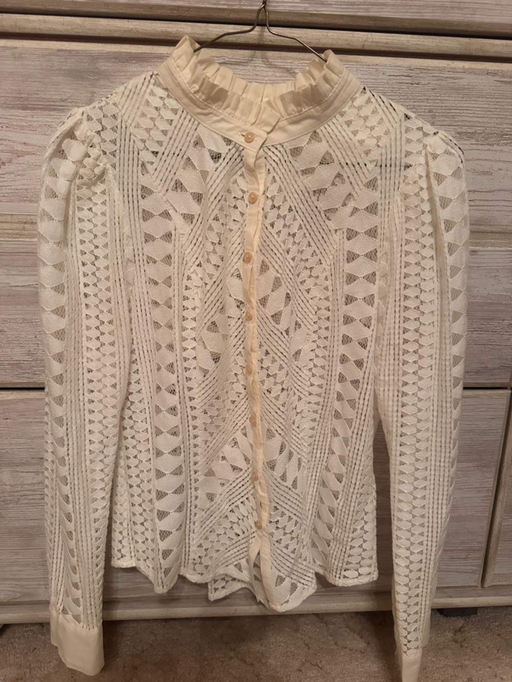 Anthropologie Cream Crochet Lace Ruffle-Neck Button Blouse